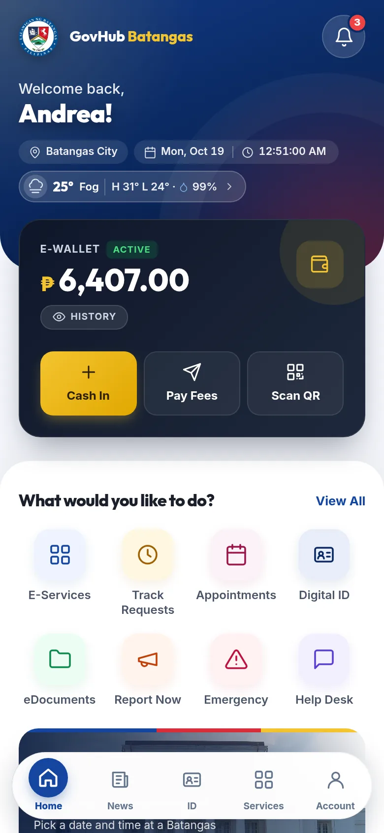 GovHub Batangas mobile app dashboard with e-wallet, weather and quick services