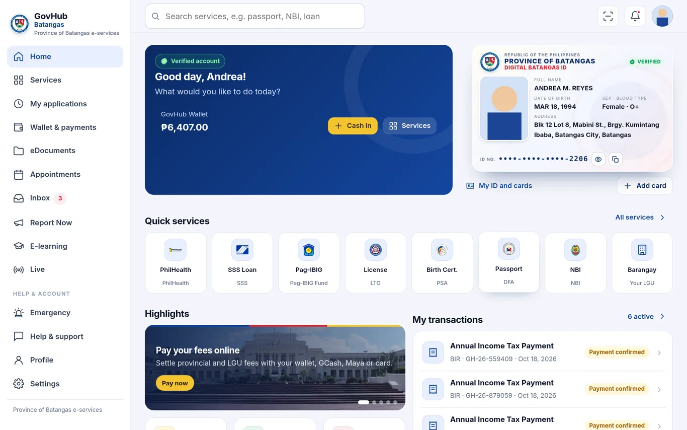 GovHub Batangas web app dashboard with wallet, Digital Batangas ID, quick services and transactions