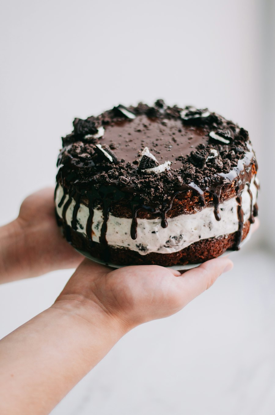 Sample photo: a hand holding a cookies and cream cake