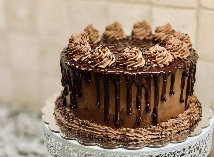 Sample photo: a chocolate drip cake with piped rosettes