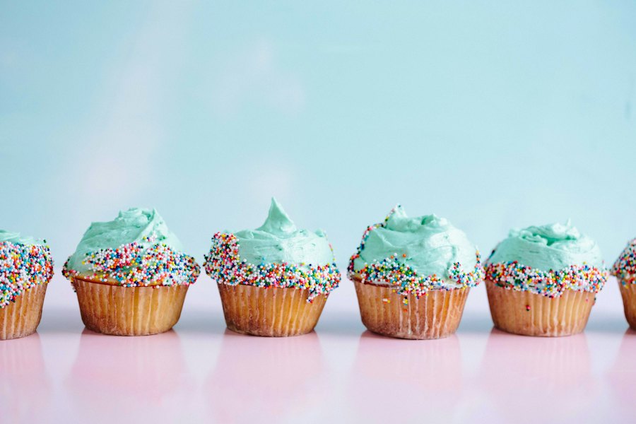 Sample photo: a row of cupcakes with mint frosting and sprinkles