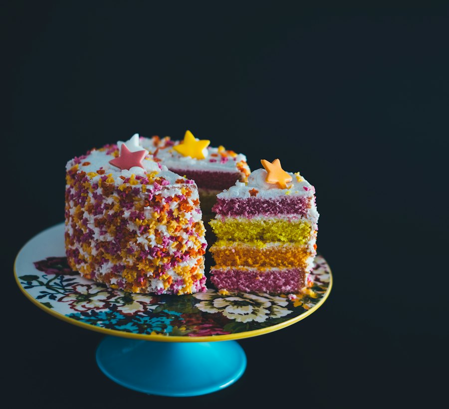 Sample photo: a rainbow layer cake on a stand